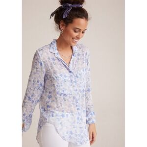 Bella Dahl Hipster Shirt‎ Womens Medium Malibu Blue Watercolor Blossom Cottage
